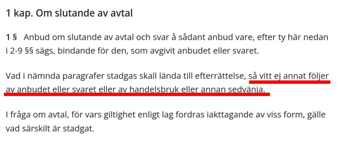 Bilden visar en paragraf om avtal från lagen.nu med markering av texten rörande handelsbruk och sedvänja i kontraktslagstiftning.
