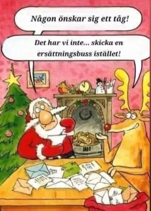 Tecknad bild av jultomten och en ren. Tomten läser ett brev vid ett bord fullt av brev. Ren föreslår en ersättningsbuss istället för ett tåg.
