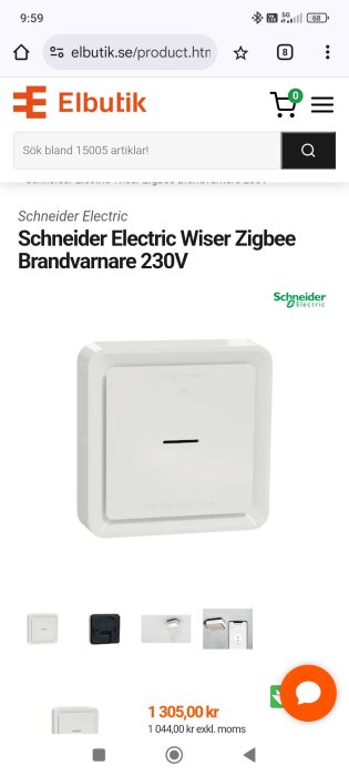 Schneider Electric Wiser Zigbee brandvarnare 230V med produktbild och prisinformation från Elbutik.se.