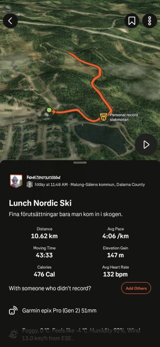 Satellitbild av en skidåkningsrutt i Malung-Sälens kommun, visar distans 10,62 km, tid 43:33, stigning 147 m, genomsnittlig hastighet 4:06/km.