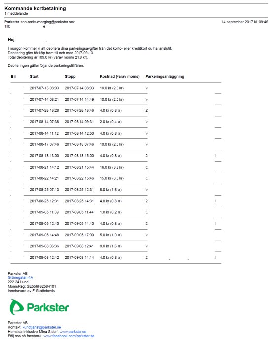 Tabell med kommande kortbetalningar för parkering från Parkster, daterad 14 september 2017. Visar datum, tid, kostnad och parkeringsanläggning.