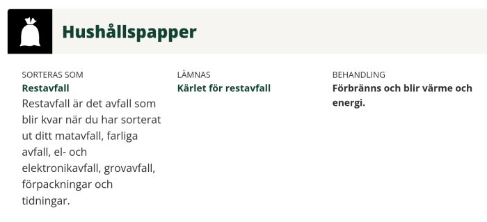 Informationsbild om hushållspapper som restavfall, lämnas i kärl för restavfall och förbränns för att bli värme och energi.