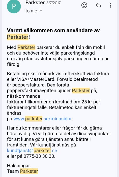 Välkomstmail från Parkster 2017 med information om betalningsalternativ och kontaktuppgifter för kundtjänst.