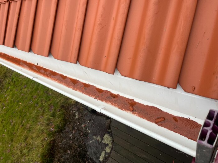Röda takpannor ovanför en vit hängränna med brunt skräp synligt i rännan. Gräsmatta och sten syns nedanför.