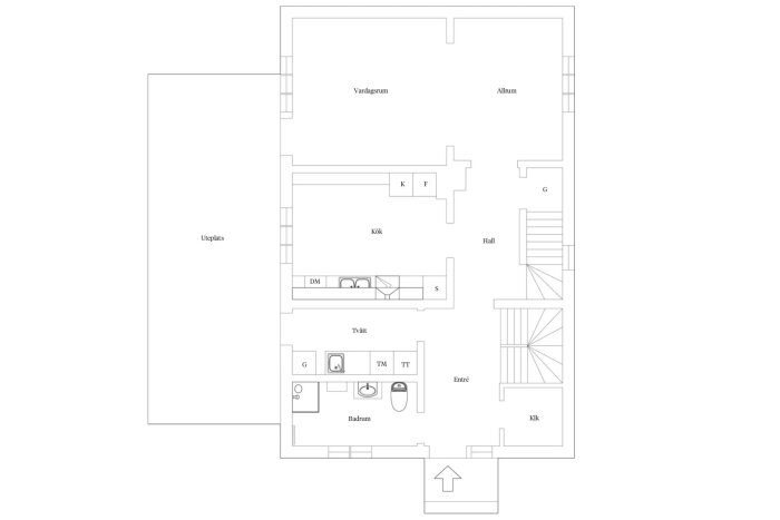 Planritning för bottenvåningen av ett hus med kök, vardagsrum, allrum, tvättstuga och badrum.