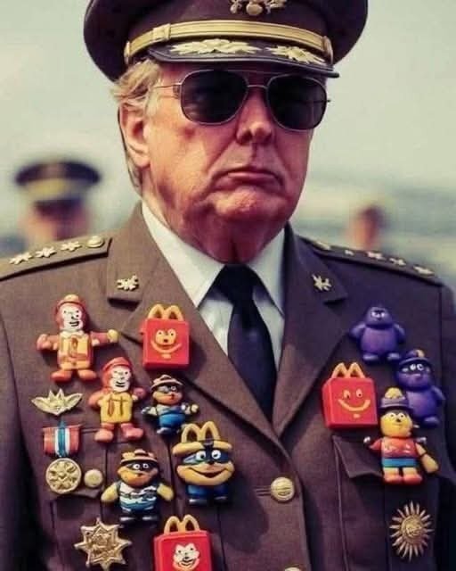 En man i militäruniform bär solglasögon och har leksaker och McDonald's-märken fastsatta på bröstet.