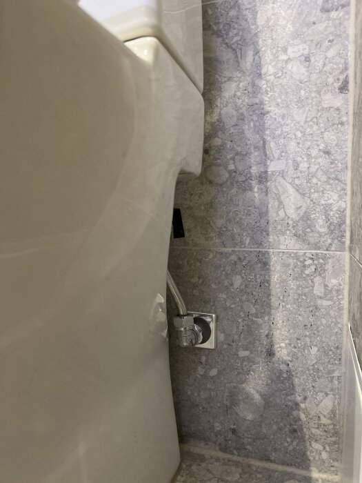 Vattenrör och anslutning bredvid en toalett mot en kaklad vägg.