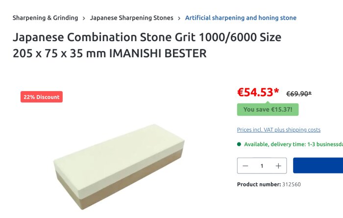 Japansk kombinationsslipsten med grit 1000/6000, storlek 205x75x35 mm, Imanishi Bester, med 22% rabatt och priset €54.53.