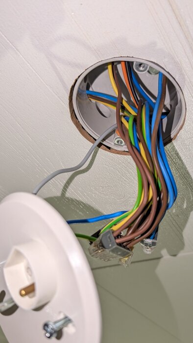 Elektrisk takdosa med flera färgglada ledningar och delvis monterad lamphållare utan täckande doslock.