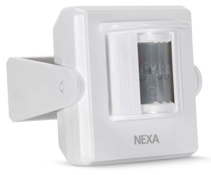 Rörelsevakt utomhus från Nexa, vit, rektangulär design med sensor, lämplig för utomhusbruk och kompatibel med 433 MHz överföring.
