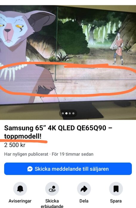 En TV med animerade figurer på skärmen, märkt "Samsung 65” 4K QLED QE65Q90 – toppmodell", säljs för 2 500 kr.