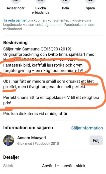 Skärmdump av annons för en Samsung QE65Q90 TV från 2019, med kommentar om litet pixelfel och möjlighet att diskutera pris.