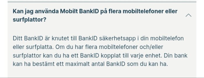Text om att använda Mobilt BankID på flera enheter, med förklaring att BankID är kopplat till säkerhetsappen och att banken kan ha maxgränser.