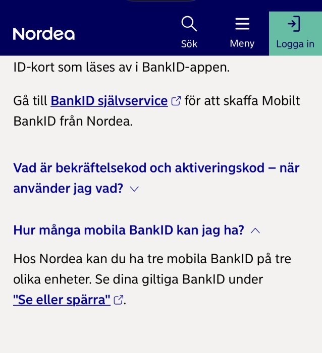 Bild av Nordeas webbplats med information om att du kan ha tre mobila BankID på tre olika enheter och länk till självservice.