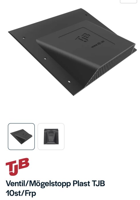 Svart plastventil för mögelstopp från TJB, med TJB-logotyp och monteringshål i hörnen. Produkten marknadsförd som 10-pack.
