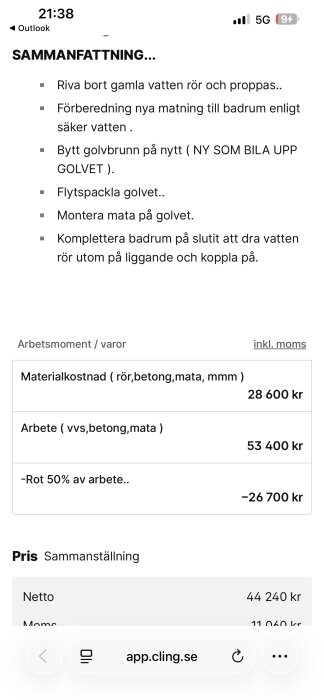 Offert för badrumsrenovering: Sammanfattning av arbeten inkl. priser; materialkostnad 28,600 kr, arbete 53,400 kr, ROT-avdrag -26,700 kr. Totalpris 55,300 kr inkl. moms.