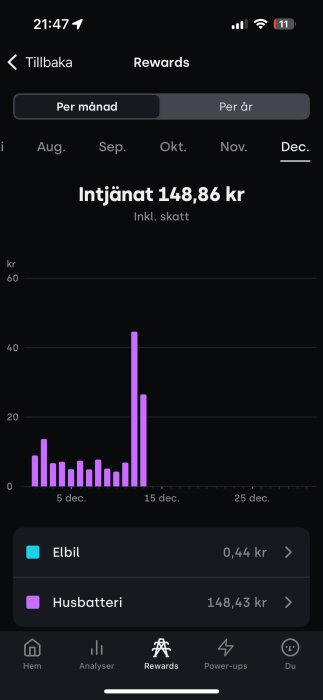 Diagram över intäkter per dag i december, med den högsta intäkten den 15:e. Totalt intjänat 148,86 kr, majoriteten från husbatteri.
