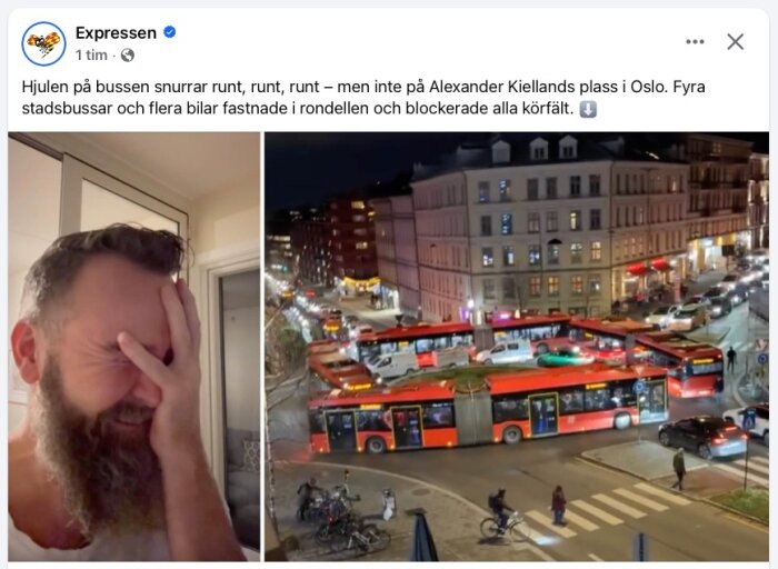 Ett collage med två bilder: En man med handen på ansiktet till vänster och flera stadsbussar fastnade i en rondell i Oslo till höger på natten.