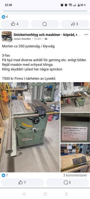 Morten CS 350 justersåg/klyvsåg med plastskydd och hjul, omgiven av verktyg och utrustning i en industrilokal.