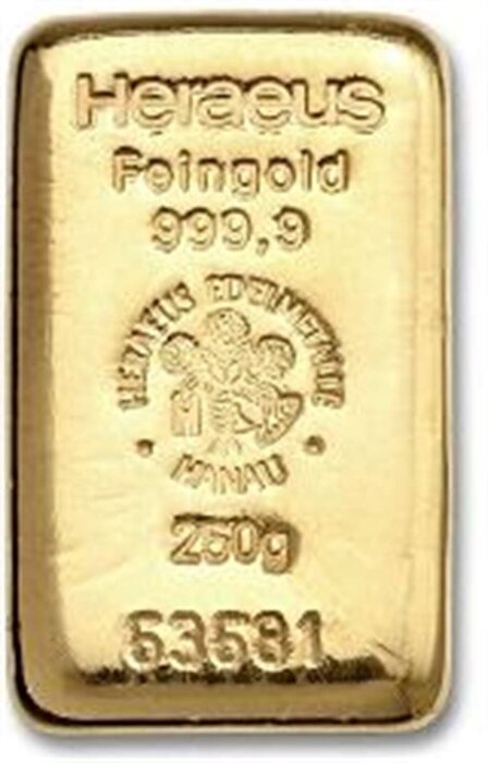 Guldtacka Heraeus Fein Gold 999,9 präglad med vikt 250g och serienummer, exempel på hur viktigt det är att köpa guld i rätt mängd enligt inlägget.