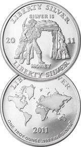 Två silvermynt med inskriptionen "Liberty Silver 2011", ett med en gruvbild och ett med en världskarta.