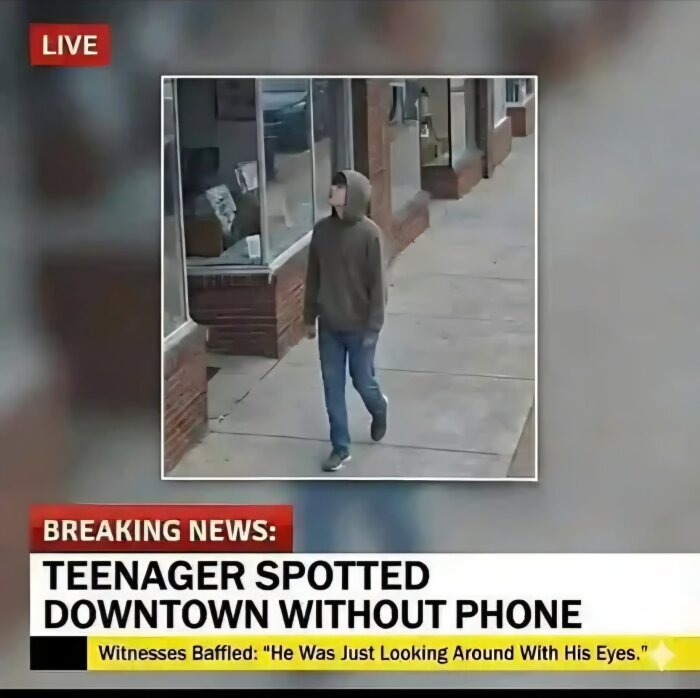 Ung person går på trottoar i stadsmiljö utan mobiltelefon, iförd hoodie och jeans.
