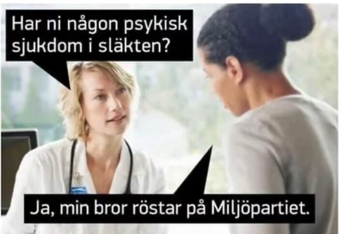 Två personer pratar; en med läkarrock frågar om psykisk sjukdom i släkten, den andra svarar humoristiskt om Miljöpartiet.