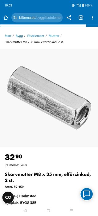 Skruvmutter M8 x 35 mm, elförzinkad, visas mot vit bakgrund. Biltemas webbplats och pris är synligt ovan och vid sidan om bilden.