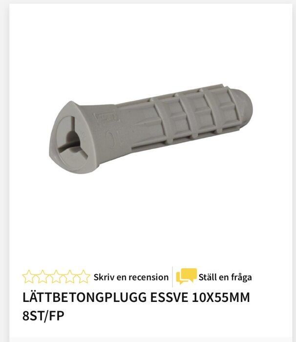 Lättbetongplugg av märket Essve, 10x55 mm, används för porösa väggar.