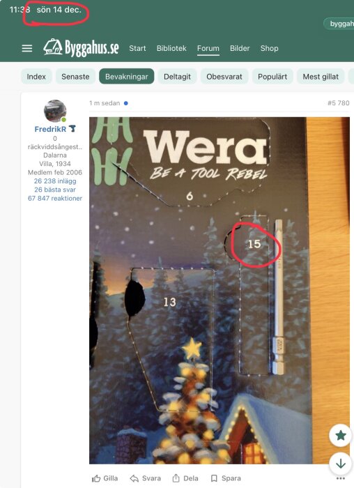 Adventskalender från Wera med luckor nummer 6, 13 och 15 synliga, monterad hylsnyckel visas vid lucka 15, dekorerad med julmotiv.