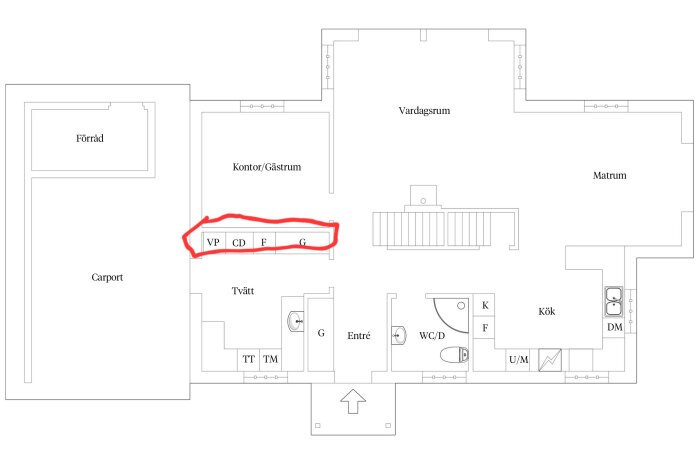 Planskiss över hus med markerad redigerad linje som omger "VP", "CD", "F", "G" mellan tvättstuga och kontor/gästrum.