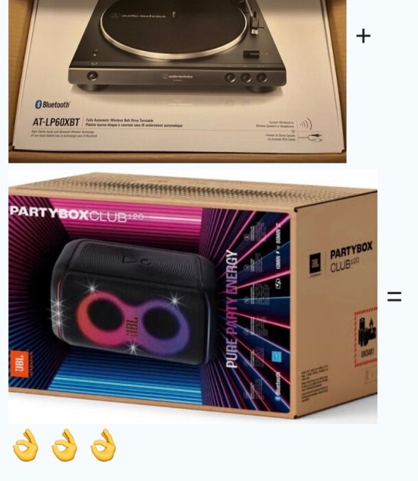 Förpackningar av en trådlös skivspelare från Audio-Technica och en JBL PartyBox-ljudsystem för fester.