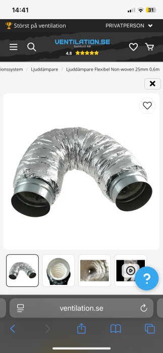 Flexibel ljuddämpare i silvermaterial formad som ett U, avsedd för ventilationssystem.