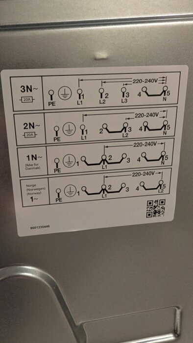 Etikett med elektriska kopplingsscheman för 3 faser, 2 faser och 1 fas på en Bosch spis, inklusive märkning med 220-240V och PE-jordning.