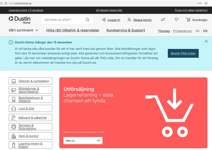 Dustin Home stänger och har utförsäljning, sista chansen att fynda innan 15 december. Bild visar meddelande och en banner med kundvagnsikon.