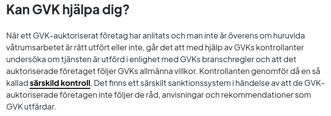 GVK:s tjänster beskrivs, inklusive särskild kontroll och sanktionssystem för auktoriserade företag vid oenighet om våtrumsarbete.