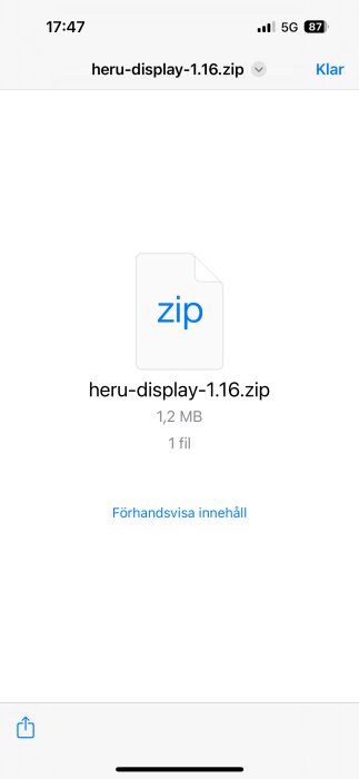 Zip-fil med namnet "heru-display-1.16.zip", storlek 1,2 MB, visas på en mobilskärm.