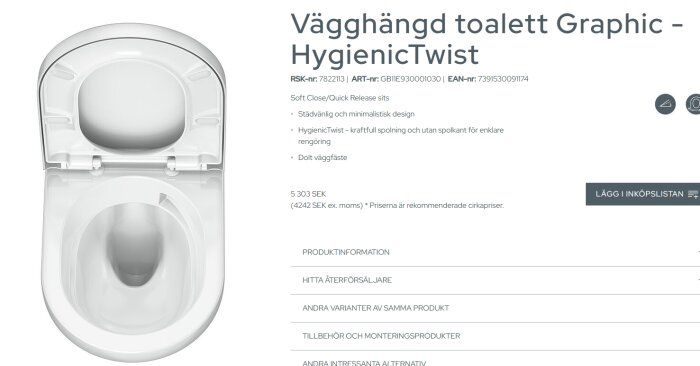 Väggmonterad toalett Gustavsberg Graphic med HygienicTwist-spolning och dolt väggfäste, visad i minimalistisk design.