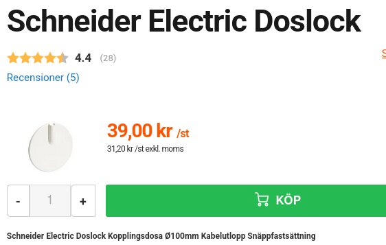 Schneider Electric Doslock med enkelnäsa, 100 mm kabelutlopp, pris 39 kr inkl. moms, betyg 4.4 av 5 stjärnor, köpbara från Elbutik.
