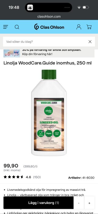 Flaska med WoodCare.Guide linolja för inomhusbruk, 250 ml, med grön kork och etikett. Visas på Clas Ohlsons webbplats.