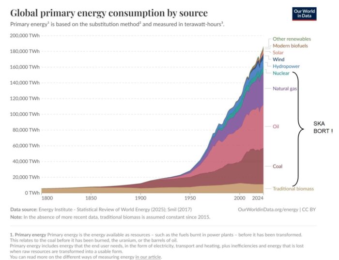 Diagram över global användning av primärenergi, där fossila bränslen som olja, kol och naturgas markeras med "ska bort".