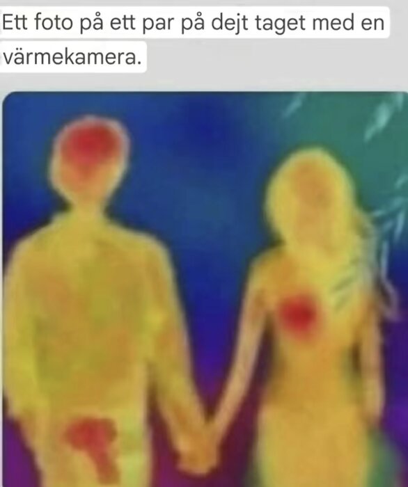 Ett par håller hand på en dejt, fotograferade med en värmekamera som visar deras värmeavgivning i olika färger.