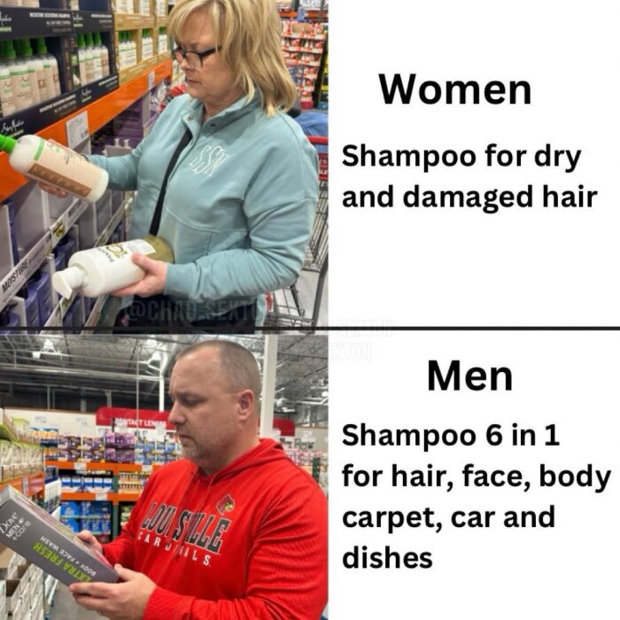 Kvinna och man i affär som jämför schampoflaskor, en för torrt hår och en 6-i-1 produkt för kropp och annat; humoristisk jämförelse av shopping.
