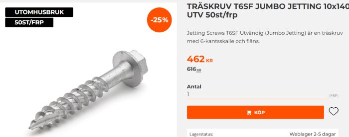 Träskruv T6SF Jumbo Jetting 10x140 mm för utomhusbruk, 50 st per förpackning, sexkantskalle och fläns, till 25% rabatt för 462 kr.