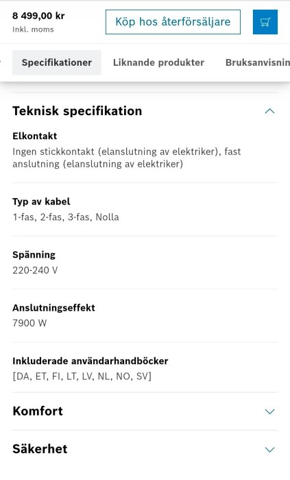 Teknisk specifikation av en produkt med elkontakt, typ av kabel, spänning 220-240 V, anslutningseffekt 7900 W och användarhandböcker på flera språk.