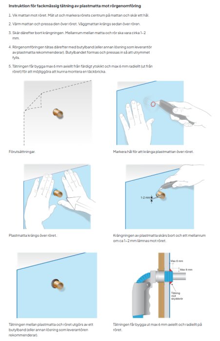 Instruktioner för tätning av plastmatta runt rör, bilder visar steg som markera, skära och täta med butylband och korrekt avstånd.