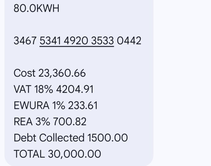 Elektronisk faktura på 80 kWh med detaljerad kostnadsuppdelning: totalt 30 000 TZS inklusive moms, EWURA, REA och insamlad skuld.