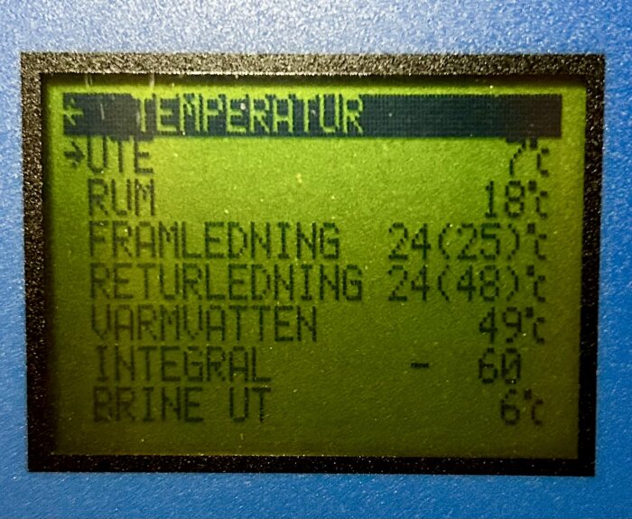 Display av värmepumpspanel som visar olika temperaturer, inklusive ute, rum, framledning, returledning, varmvatten och brine ut samt integral.