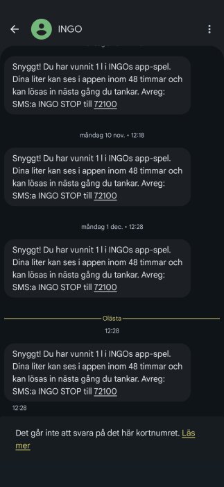 Skärmdump av SMS från INGO som bekräftar en vinst på 1 liter i app-spelet, med instruktioner för att lösa in vinsten vid tankning.