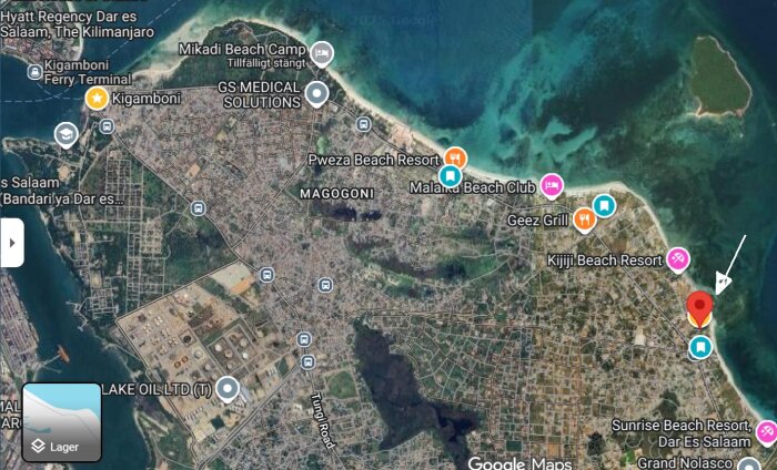 Satellitkarta över området strax söder om Dar es Salaam, inklusive stränder och anläggningar längs kusten i Tanganyika.